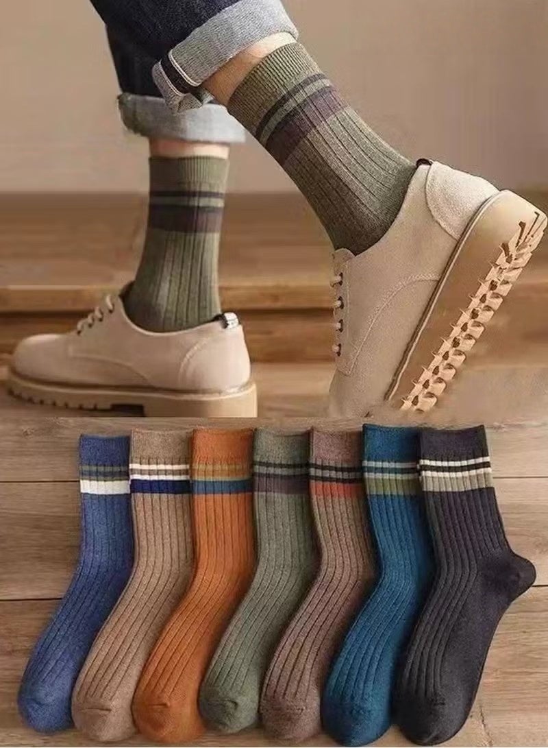 7 Pairs Unisex Striped Socks Mid-Calf Cotton Socks for All Seasons Vintage Crew Socks Casual Athletic Socks Stretch Comfort Daily Socks - Image 1