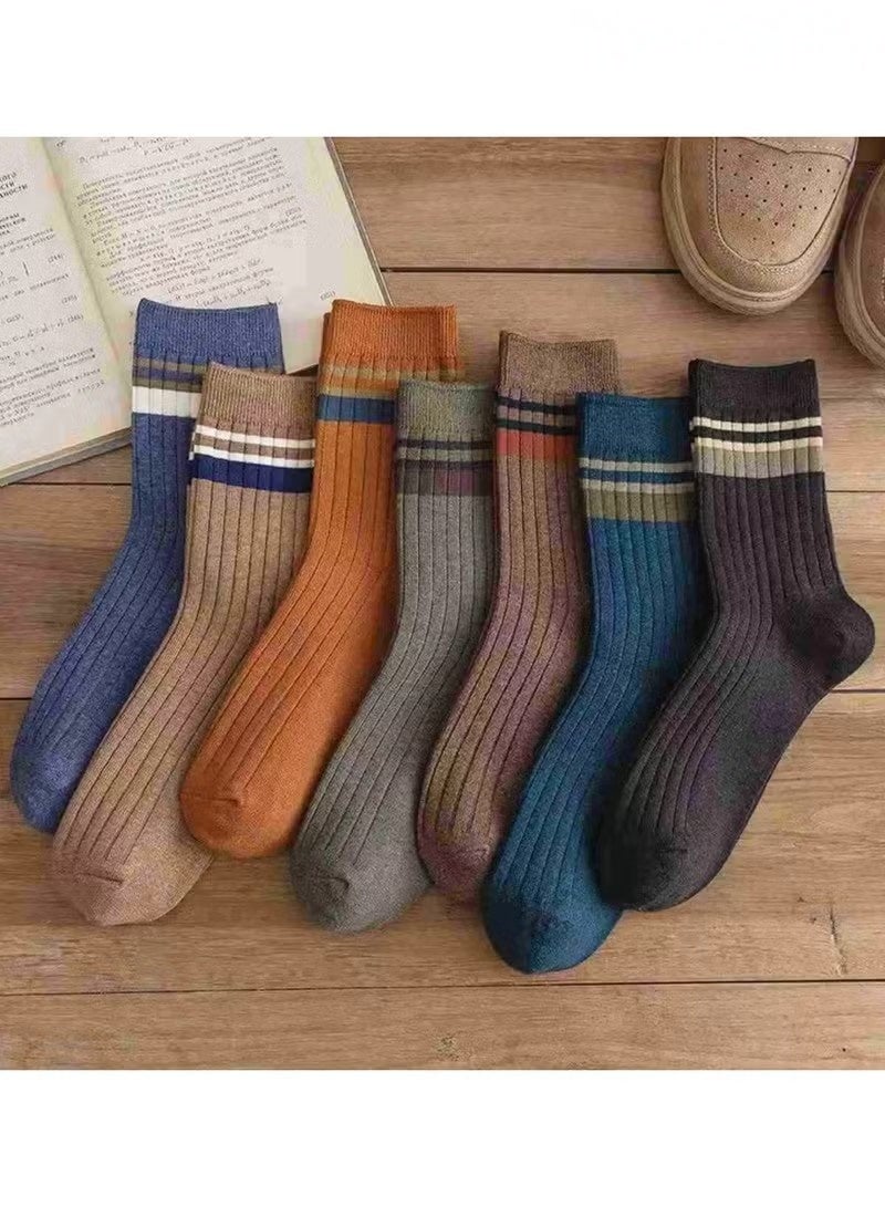 7 Pairs Unisex Striped Socks Mid-Calf Cotton Socks for All Seasons Vintage Crew Socks Casual Athletic Socks Stretch Comfort Daily Socks - Image 3