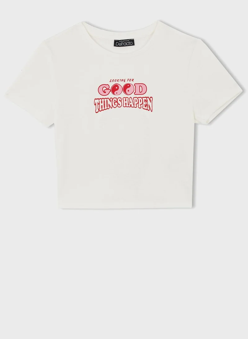 DeFacto Crew Neck Printed Crop Top Short Sleeve T-Shirt