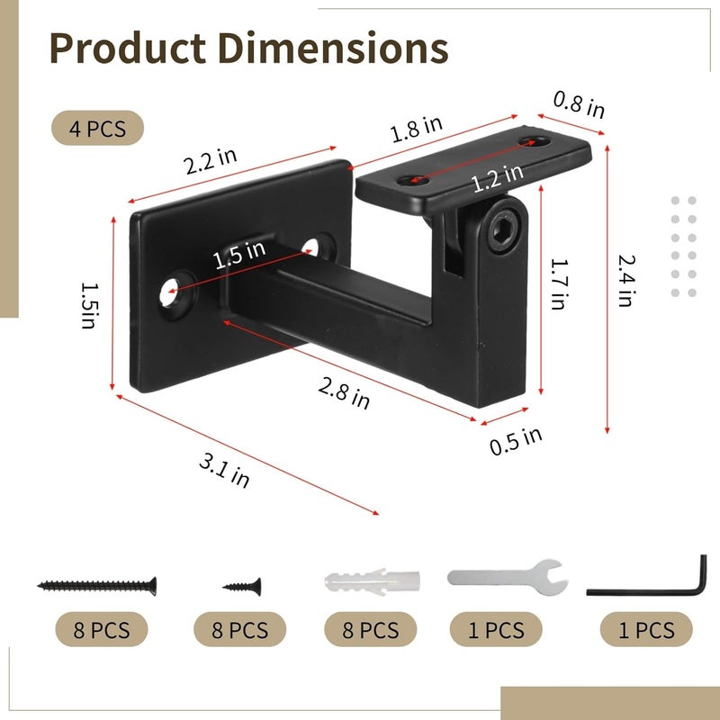 Heavy Duty Adjustable Stair Handrail Brackets 4 Piece Set Black Indoor Outdoor Use - Image 5
