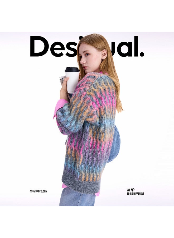 DESIGUAL [Spanish Fashion Luxury] 25 Autumn Winter New Loose Color Block Cable Knit V-Neck Long Sleeve Women'S Knitted Sweater - Image 2