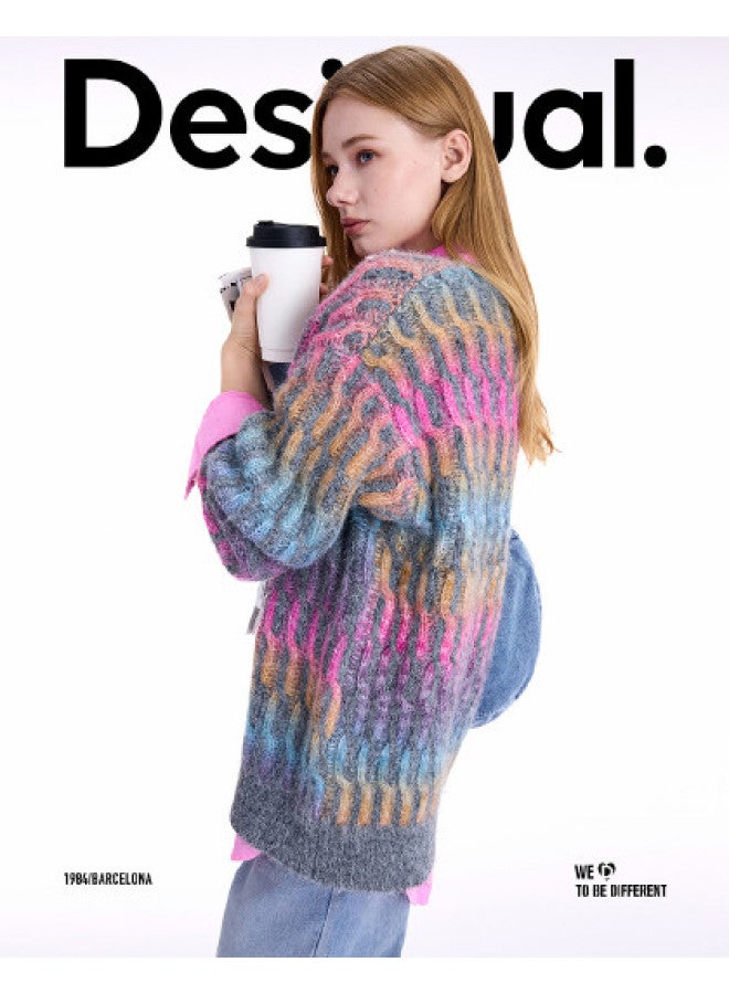 DESIGUAL [Spanish Fashion Luxury] 25 Autumn Winter New Loose Color Block Cable Knit V-Neck Long Sleeve Women'S Knitted Sweater - Image 1