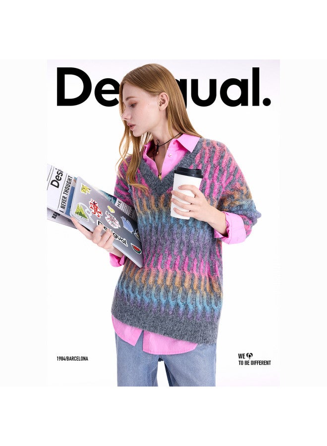 DESIGUAL [Spanish Fashion Luxury] 25 Autumn Winter New Loose Color Block Cable Knit V-Neck Long Sleeve Women'S Knitted Sweater - Image 5