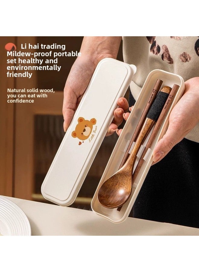 Wooden Tableware Suit One-person Chopsticks Spoon Portable Tableware Three-piece Children's And Student's Tableware Storage Box-Specifications:Default-Color: Red Sandalwood Chopsticks + Lotus Wooden Spoon + Pp Storage Box - Image 2