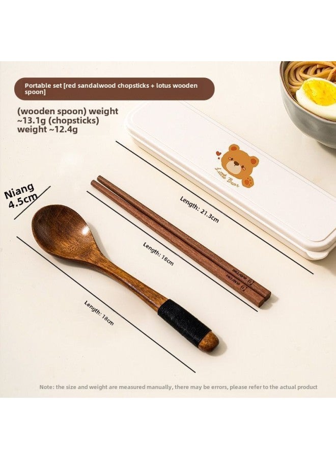 Wooden Tableware Suit One-person Chopsticks Spoon Portable Tableware Three-piece Children's And Student's Tableware Storage Box-Specifications:Default-Color: Red Sandalwood Chopsticks + Lotus Wooden Spoon + Pp Storage Box - Image 1