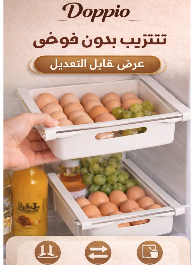 دوبيو درج منظم ثلاجة دوبيو قابل للتعديل - سلة تخزين قابلة للتوسيع، صينية منظم ثلاجة منزلقة للفواكه والخضراوات والبيض - Image 3
