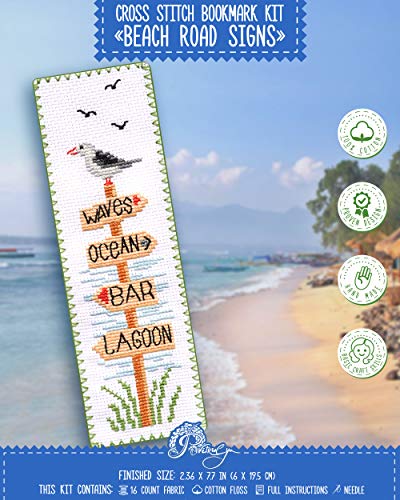 Povitrulya Beach Signs Cross Stitch Bookmark Coastal Wood Signs Embroidery Set with Paper Pattern 16 Count Aida Cloth and PreSorted Floss - Image 1