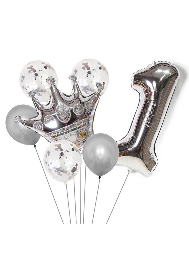 8 قطع مجموعة لوازم الذكرى السنوية 1 حفلة عيد الميلاد بما في ذلك البالون رقم 1 الفضي، مجموعة البالون رقائق التاج الفضي، 12 بوصة البالون سيكين، 12 بوصة البالون الفضي زينة الحزب