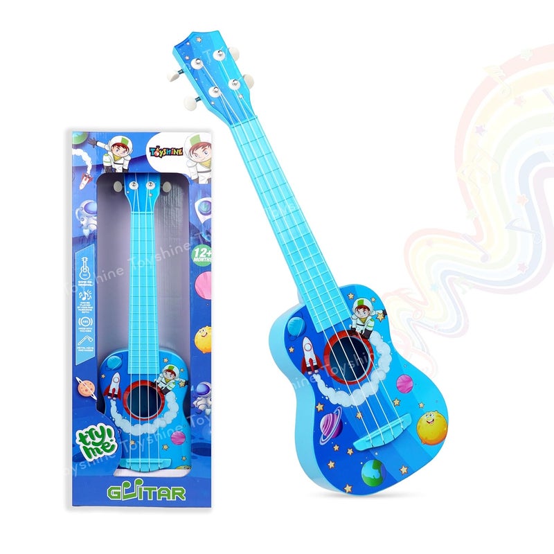 Toyshine غيتار 58 سم بموضوع الفضاء 4 أوتار سهل الحمل رفيع الأوتار آلة موسيقية تعليمية هدية للأطفال 3+ ، أزرق - Image 1
