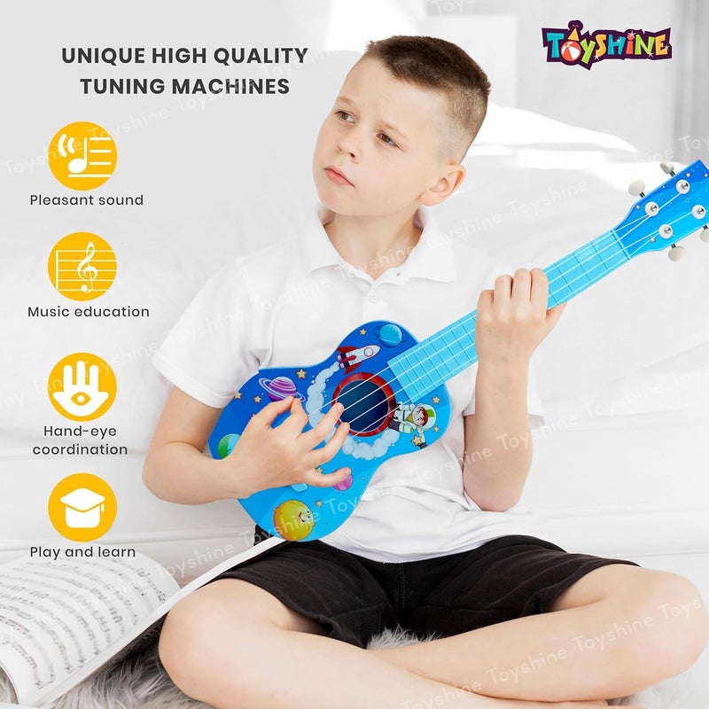 Toyshine غيتار 58 سم بموضوع الفضاء 4 أوتار سهل الحمل رفيع الأوتار آلة موسيقية تعليمية هدية للأطفال 3+ ، أزرق - Image 4