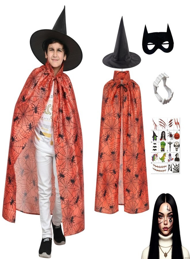 Sarvda Halloween Spider Web Cape for Kids| Orange & Black Spider Costume for Boys & Girls| Hat and Dracula Teeth| Halloween Stickers| For 2 to 8 Years Kids - Image 1