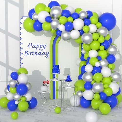 Cunnikku Lime Green Blue White Balloon Garland Arch Kit 122PCS Royal Blue Lime Green White and Metallic Silver Balloons for Boys Girls Birthday Wedding Baby Shower Ocean Sea Party Supplies Decorations - Image 1