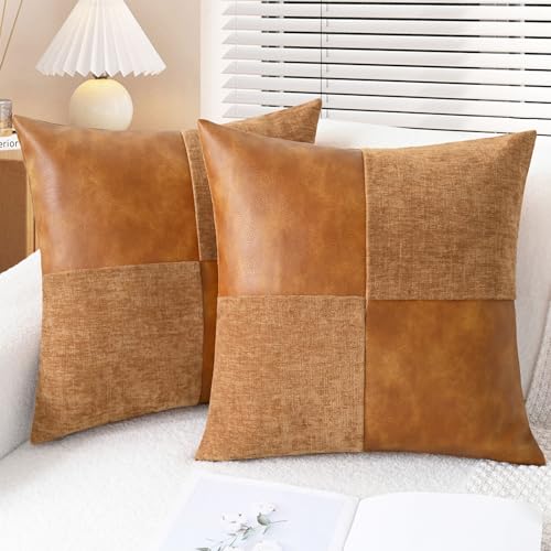 CaliTime Throw Pillow Covers Decorative 18 X 18 Inches Pack of 2 Cozy Chenille Faux Leather Splicing Cushion Cases for Couch Sofa Bed Living Room Home Apricot Brown - Image 1