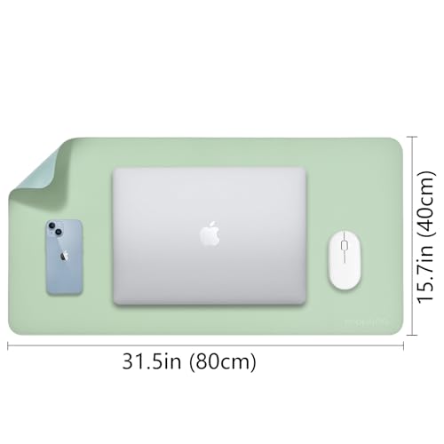 AROPANA Vegan Leather Desk Mat | Large Reversible Mouse Pad & Table Protector | Dual-Side Waterproof Laptop Pad with Edge-Stitched Design (80x40CM, Light Green & Blue) - Image 3