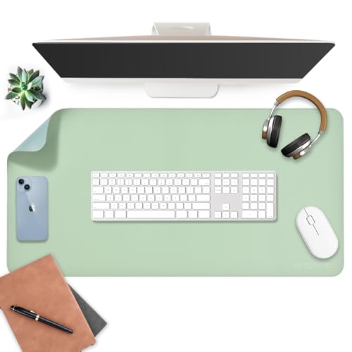 AROPANA Vegan Leather Desk Mat | Large Reversible Mouse Pad & Table Protector | Dual-Side Waterproof Laptop Pad with Edge-Stitched Design (80x40CM, Light Green & Blue) - Image 1