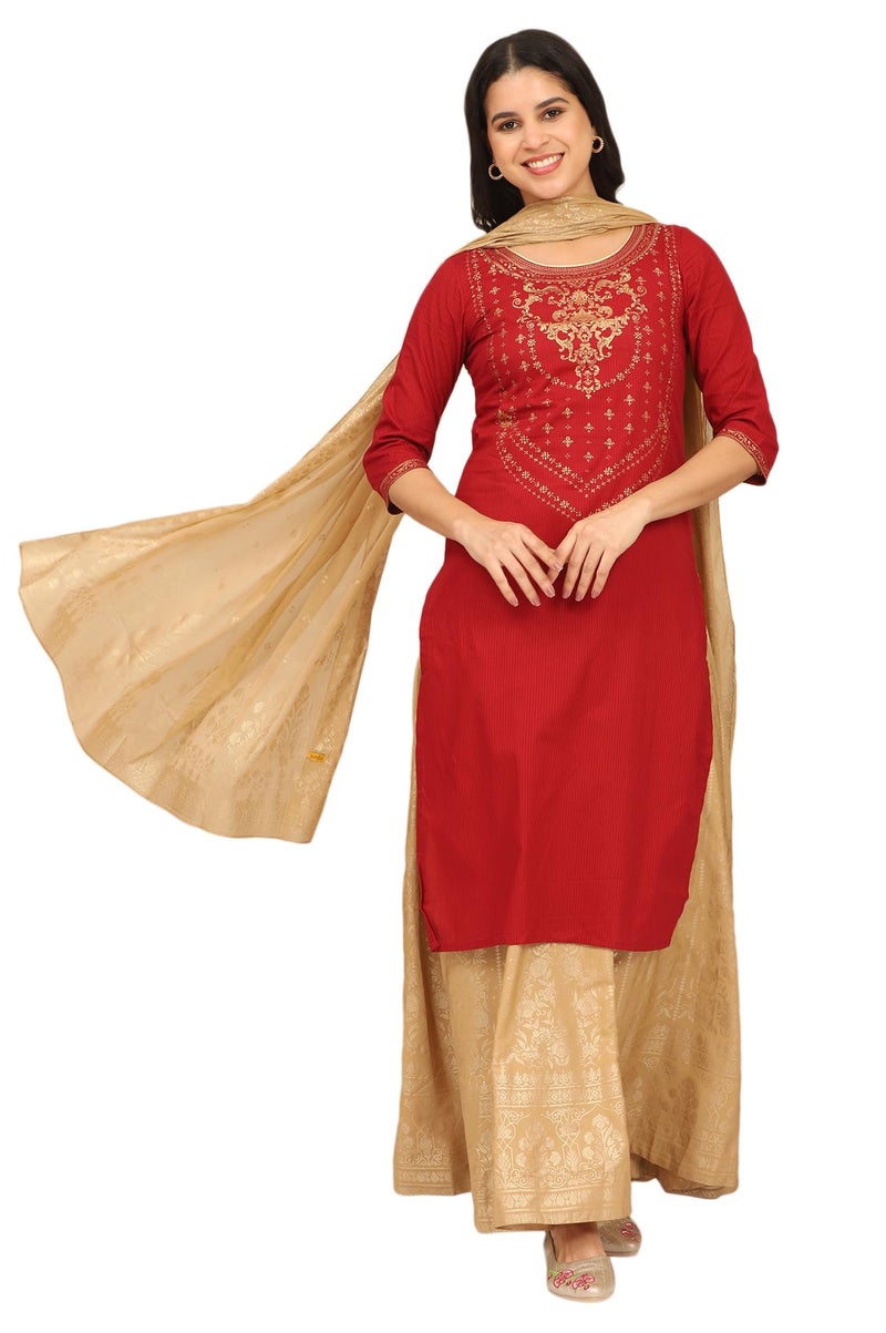 Aurelia Women's Red Foil Printed Yoke Pure Cotton Straight Kurta, Skirt and Dupatta Set (Size: L)-ONAS14750-507685 - Image 1