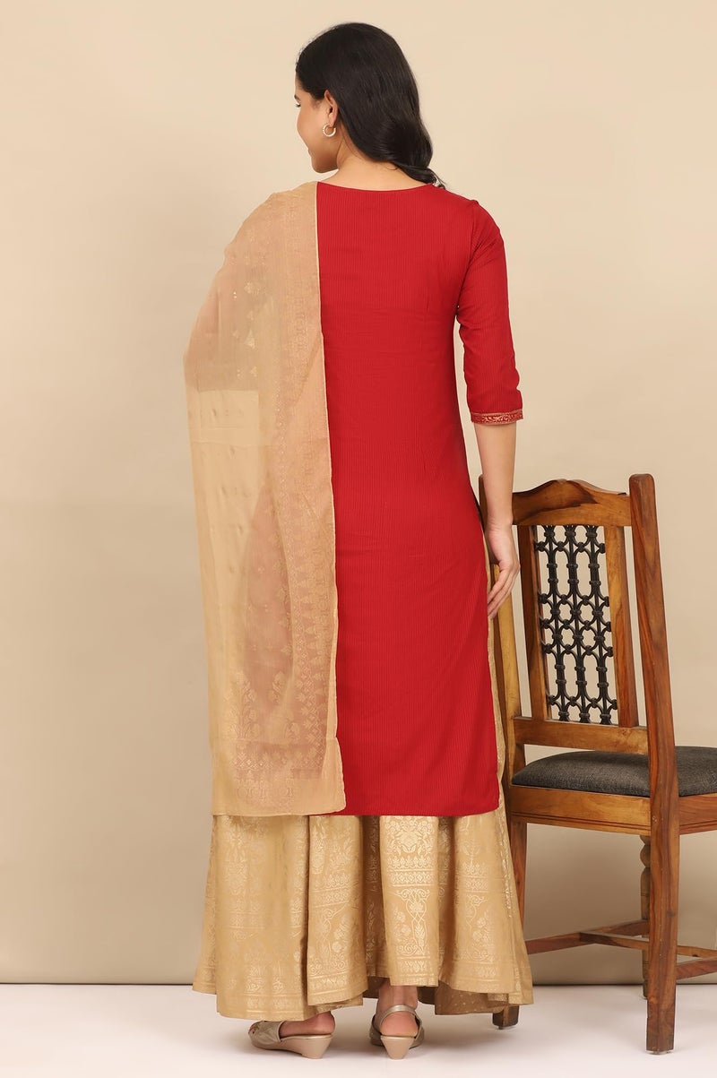 Aurelia Women's Red Foil Printed Yoke Pure Cotton Straight Kurta, Skirt and Dupatta Set (Size: L)-ONAS14750-507685 - Image 5