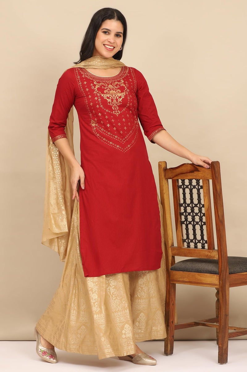 Aurelia Women's Red Foil Printed Yoke Pure Cotton Straight Kurta, Skirt and Dupatta Set (Size: L)-ONAS14750-507685 - Image 2