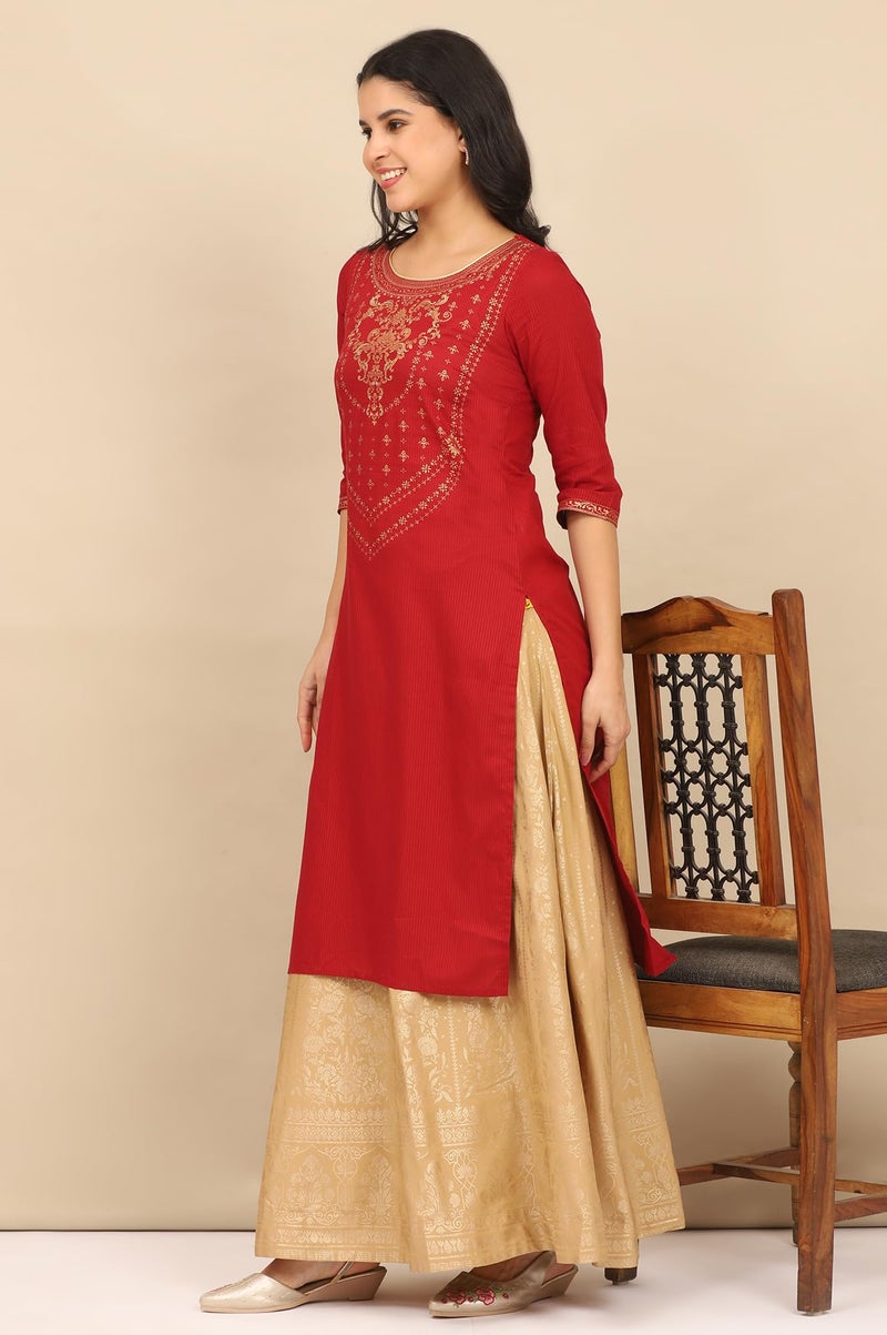 Aurelia Women's Red Foil Printed Yoke Pure Cotton Straight Kurta, Skirt and Dupatta Set (Size: L)-ONAS14750-507685 - Image 4