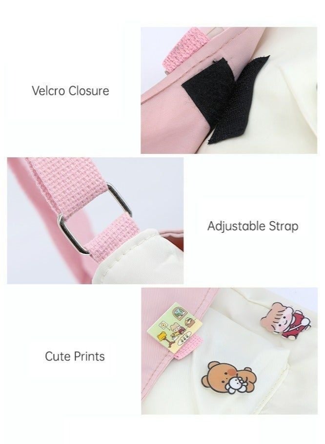 Girls' Canvas Sling Crossbody Shoulder Bag with Badge Charm Decor - Pink/White Small Messenger Satchel for Teens - Image 3
