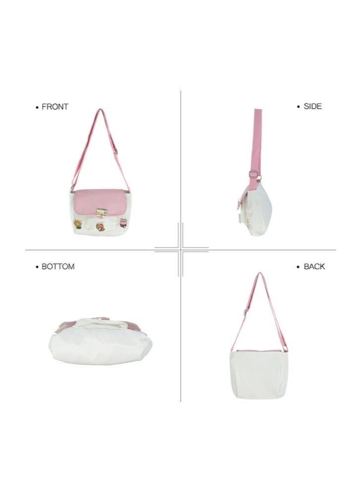 Girls' Canvas Sling Crossbody Shoulder Bag with Badge Charm Decor - Pink/White Small Messenger Satchel for Teens - Image 4