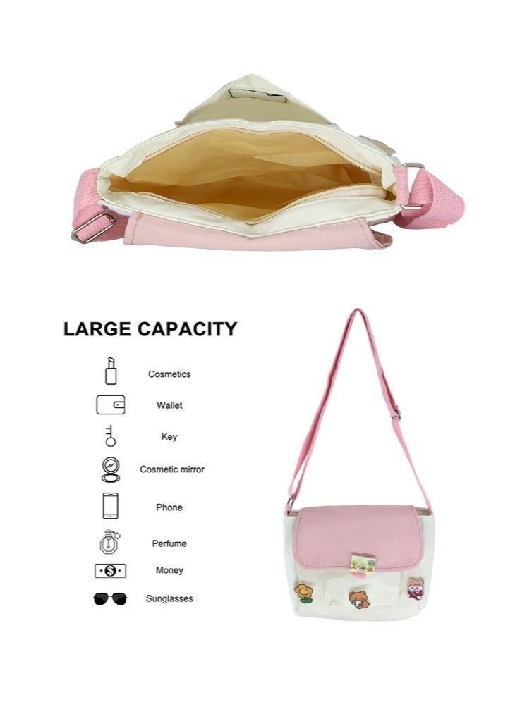 Girls' Canvas Sling Crossbody Shoulder Bag with Badge Charm Decor - Pink/White Small Messenger Satchel for Teens - Image 2