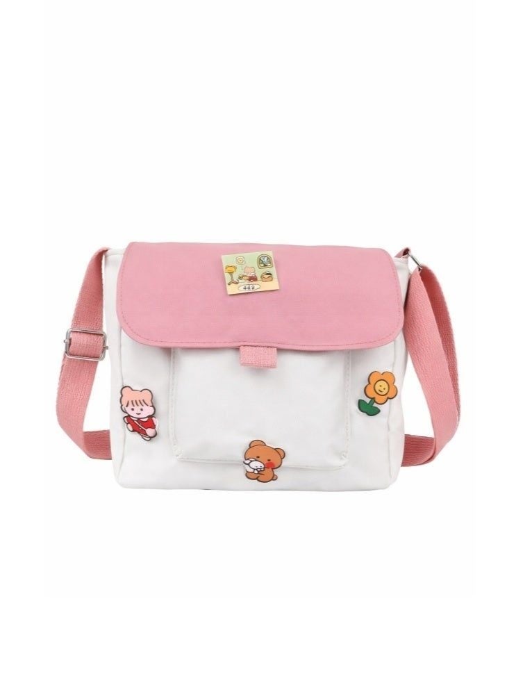 Girls' Canvas Sling Crossbody Shoulder Bag with Badge Charm Decor - Pink/White Small Messenger Satchel for Teens - Image 1