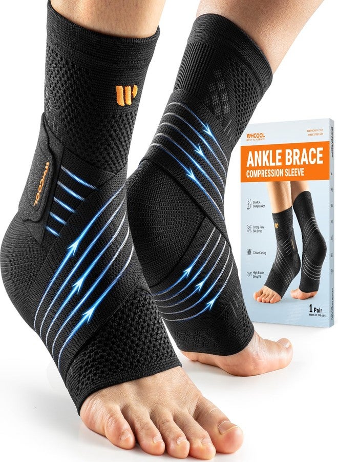 WHCOOL Low-Profile Ankle Braces for Women & Men, Customizable Ankle Compression Sleeve w/Wide Strap, Foot Support Wrap for Plantar Fasciitis Pain Relief, Achilles Tendonitis, Sprain, Black, 1 Pair, L - Image 1