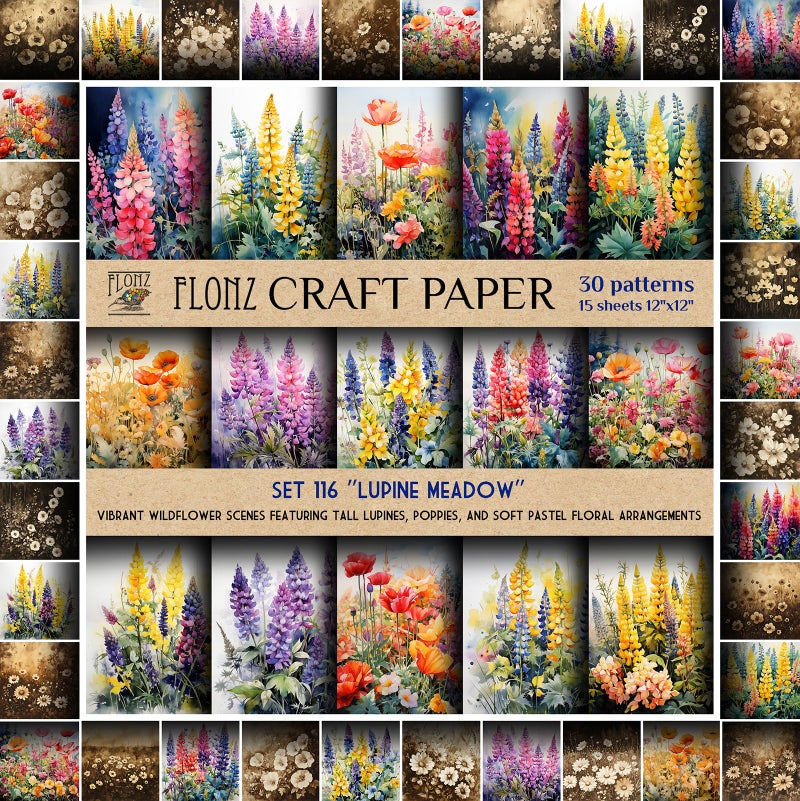FLONZ Scrapbook Paper (30 patterns 12"x12") Nocturnal Bloom ~ Rich Botanical Illustrations with Glowing Florals and Elegant Foliage in Mystical Hues