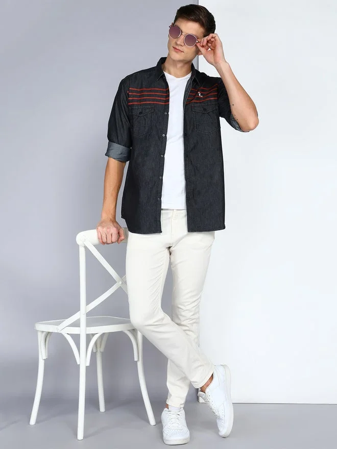 Kuons Avenue  KUONS AVENUE Men Black Denim Shirt with Stripe Detail for Men | Best Price UAE