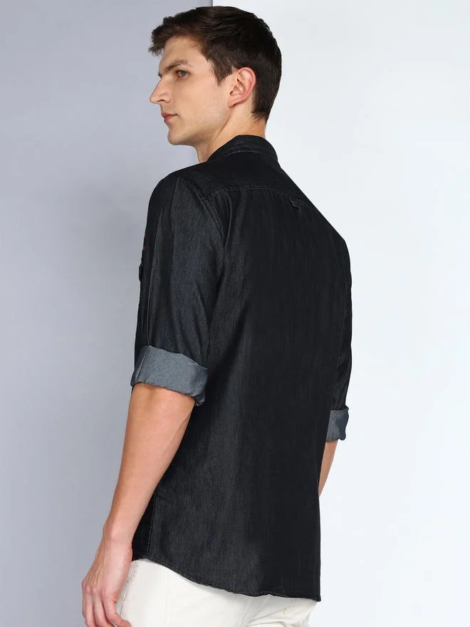 Kuons Avenue  KUONS AVENUE Men Black Denim Shirt with Stripe Detail for Men | Best Price UAE