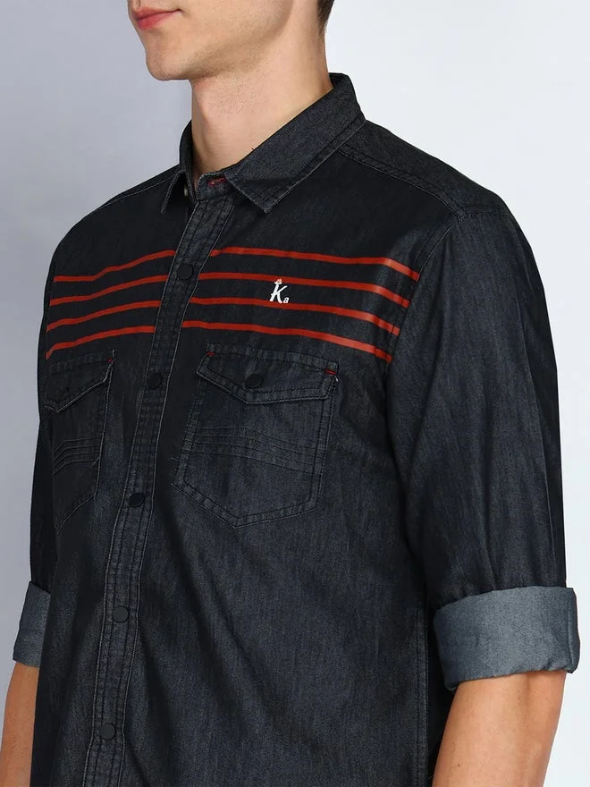 Kuons Avenue  KUONS AVENUE Men Black Denim Shirt with Stripe Detail for Men | Best Price UAE
