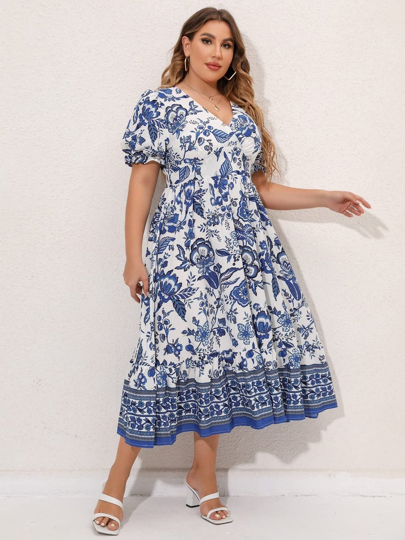 MakeMeChic Women's Plus Size Boho Floral Maxi Dress Curvy Short Sleeve Shirred Squared Neck Flomal Long Dress Blue and White 1XL - Image 3