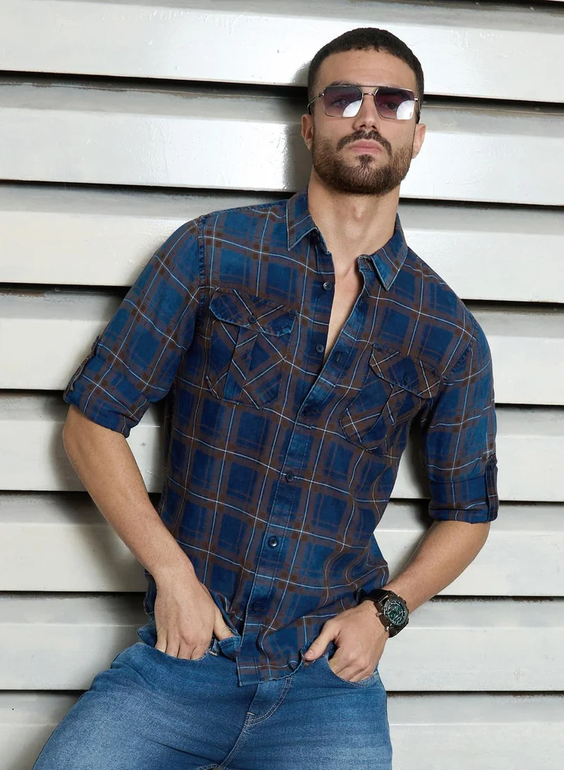 هاي ستار Men's Multicolour 100% Cotton Checkered Button Down Regular Fit Shirt