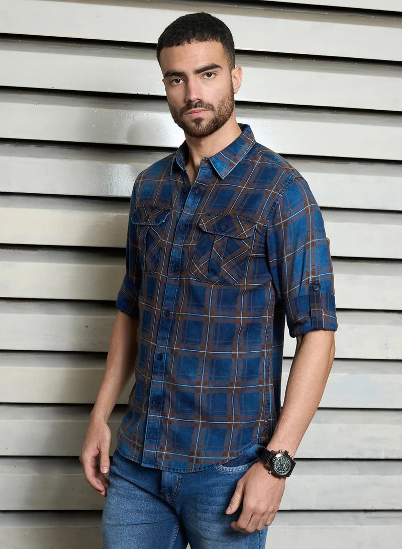 HIGH STAR Men's Multicolour 100% Cotton Checkered Button Down Regular Fit Shirt