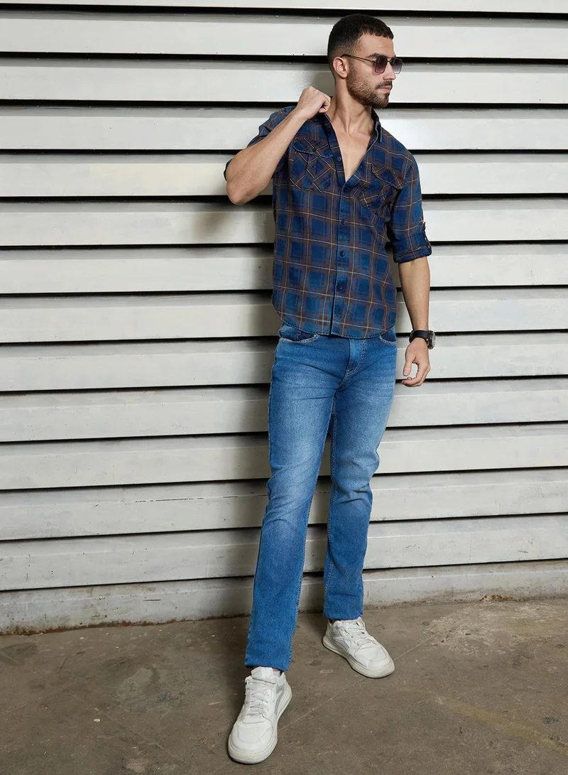HIGH STAR Men's Multicolour 100% Cotton Checkered Button Down Regular Fit Shirt