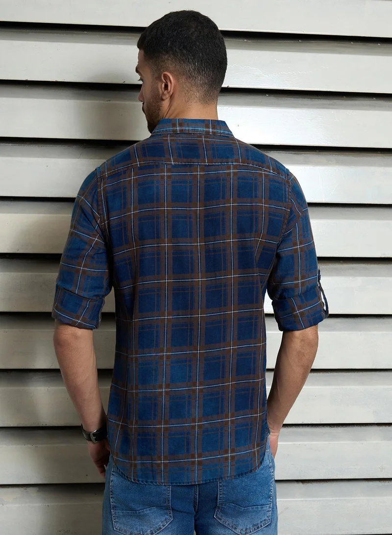 HIGH STAR Men's Multicolour 100% Cotton Checkered Button Down Regular Fit Shirt