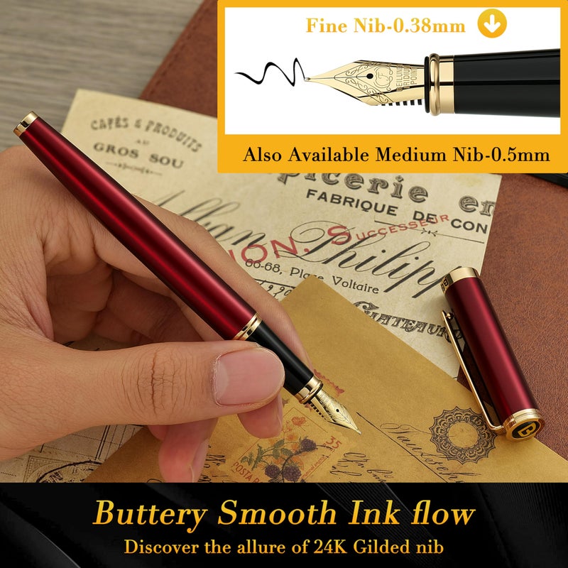 BEILUNER Red Fountain Pen,Stunning Luxury Pens with 24K Gold Finish, Gorgeous 24K Gilded Nib(Fine), Trustworthy Pen Gift for Men&Women -Ink Converter-Elegant,Graduation,Office,Nice Pen for Writing - Image 4