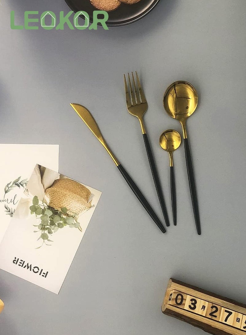 LEOKOR طقم أدوات مائدة مكون من 24 قطعة مع سكاكين وملاعق وشوك طقم أدوات مائدة من الفولاذ المقاوم للصدأ يكفي 6 أشخاص أسود/ذهبي - Image 2