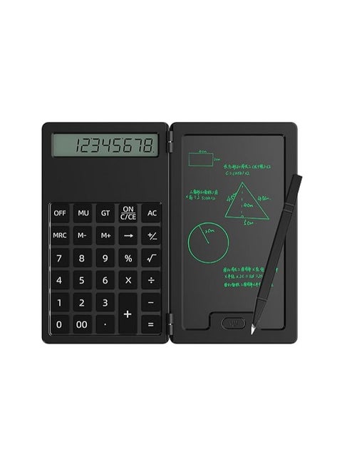 Electronic Notepad Calculator with Erasable Writing Notepad, Portable Folding LCD Whiteboard 12 Digit Clear Screen Pocket Scientific Calculator Black