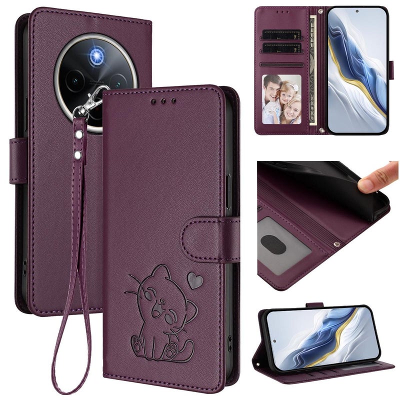 erorex For vivo iQOO Z10 / Y300 Pro+ / T4 Embossed  Cat Leather Phone Case with Hand Strap(Dark Purple) - Image 1