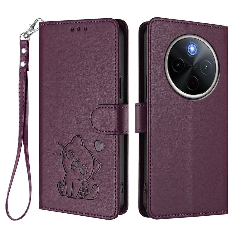 erorex For vivo iQOO Z10 / Y300 Pro+ / T4 Embossed  Cat Leather Phone Case with Hand Strap(Dark Purple) - Image 2