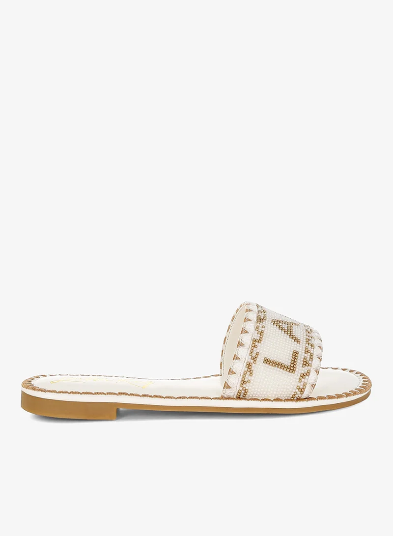 Beaded Lake Como Flat Slip Ons in Beige