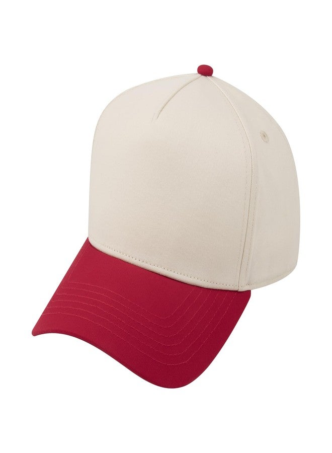 TopTie 5 Panel Trucker Cap Snapback Mid Profile Cotton Sun Hat Adult-Red Beige - Image 1