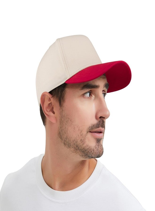 TopTie 5 Panel Trucker Cap Snapback Mid Profile Cotton Sun Hat Adult-Red Beige - Image 4