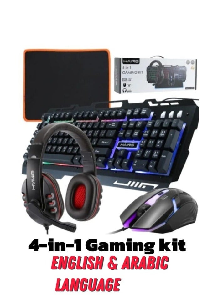 Haing مجموعة ألعاب RGB 4 في 1 - لوحة مفاتيح مضاءة LED، فأرة ألعاب 6D، سماعة ستيريو مع ميكروفون وسادة فأرة - مجموعة سلكية USB للكمبيوتر الشخصي، PS4، Xbox ولابتوب الألعاب (بالإنجليزية والعربية) - Image 1