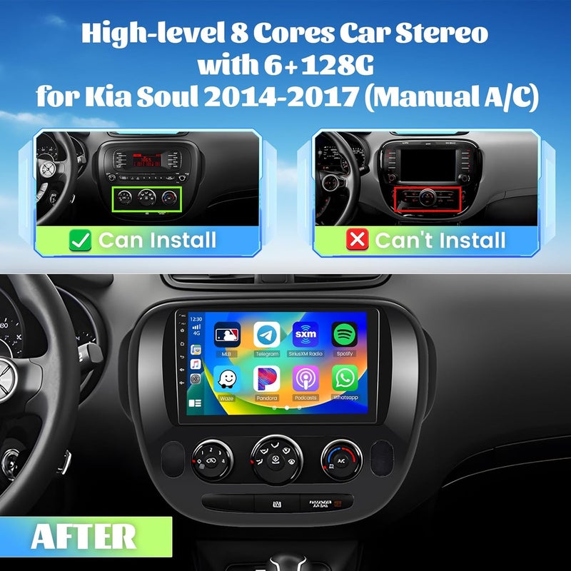 Roinvou [8 Core 6G+128G] Android Radio for Kia Soul 2014-2017 (Manual A/C) with Wireless Carplay, 9 Inch IPS Touch Screen - Image 2