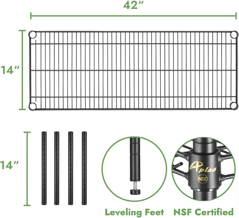 APLSS رفوف سلكية سوداء بطلاء إبوكسي 14" عمق × 42" عرض مع 2 رف، معتمد من NSF، قابل للتعديل في الارتفاع، بيئات رطبة وجافة، للمطبخ، المرآب، الثلاجة والمجمد، سعة 800 رطل - Image 3