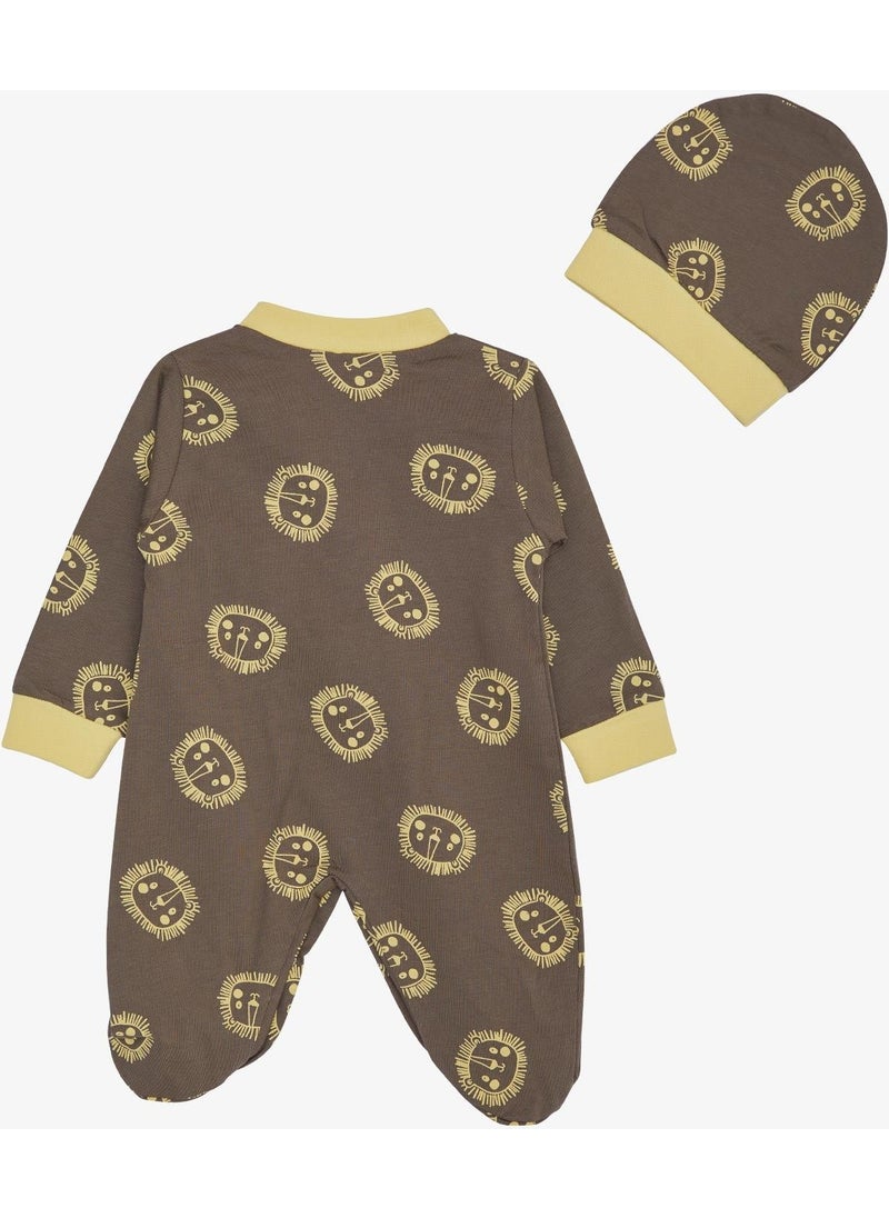 Breeze - Baby Boy Booties Jumpsuit, Cute Lion Pattern, 0-6 Months, Mink - Image 1