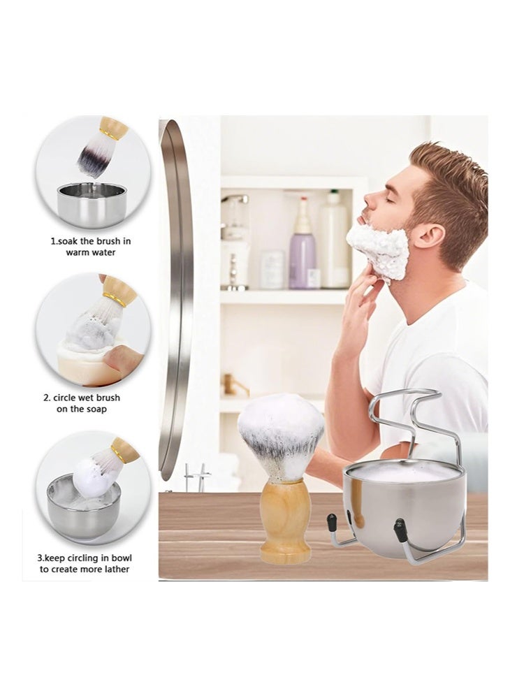 meayul Shaving Brush Set 3 in 1 Men Shaving Brush Kit with Badger Hair Shaving Brush Stainless Steel Soap Bowl Stand, Beard Shaving Cleaning Tool Professional Salon Tool for Men Father Husband Boyfriend Gift - Image 4